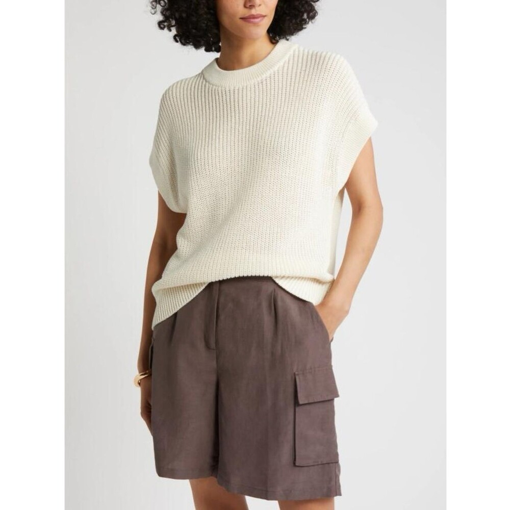 Nordstrom Cream Cotton Open-Knit Short Sleeve Crewneck Sweater Sz S Minimal Chic